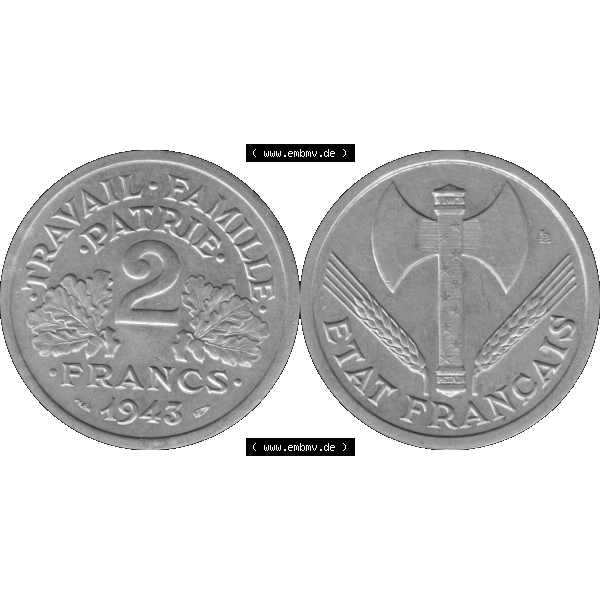 Grau bzw. s/w Münzen Frankreich Umlaufmünze in PNG einer Münze aus Frankreich 1943-1944, 2 Francs, Franken 1943-01. Vorderseite und Rückseite horizontal auf einen digitalen Bild... Sammlung Graustufen