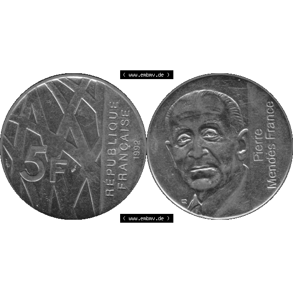 Grau bzw. s/w Münzen Frankreich Umlaufmünze 1992-1992, 5 Francs Franken in Nickel 1992-01. Vorderseite und Rückseite horizontal auf einen digitalen Bild der alten französischen Umlaufmünze... Sammlung Graustufen