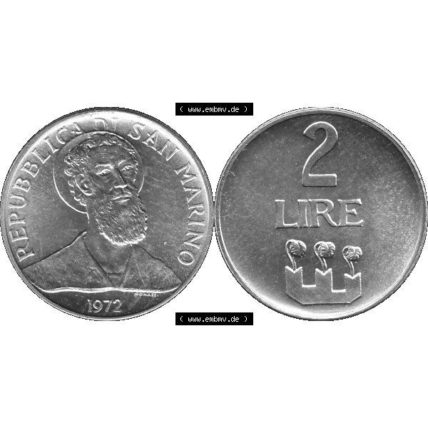 Grau bzw. s/w Bildmaterial in PNG-Grafiken Münzensatz / KMS 1972 aus San Marino 1972-1972, Münze 2 Lire 1972, 2 LIRE MONASSI REPUBBLICA DI SAN MARINO. Die digitalisierte Münze liegt... Sammlung Graustufen