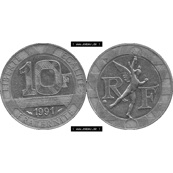 Grau bzw. s/w Münzen Frankreich Umlaufmünze 1991-1991, 10 Francs-01 1991-01. Vorderseite und Rückseite horizontal auf einen digitalen Bild der alten französischen Umlaufmünze aus... Sammlung Graustufen