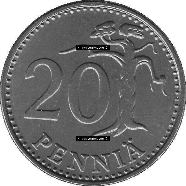 Grau bzw. s/w Alte Münzen KMS Finnland, Kursmünzensatz 1976 in Stempelglanz als digitales Computerbild in transparenten PNG 1963-1990, 20 Penny Penniä 1976-1, SUOMEN TASAVALTA.... Sammlung Graustufen