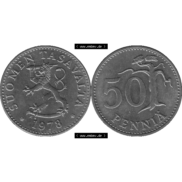 Grau bzw. s/w Alte Münzen KMS Finnland, Kursmünzensatz 1978 in Stempelglanz als digitales Computerbild einer finnischen digitalisierten Münze in transparenten PNG 1963-1990, 50 Penny 1978-1.... Sammlung Graustufen