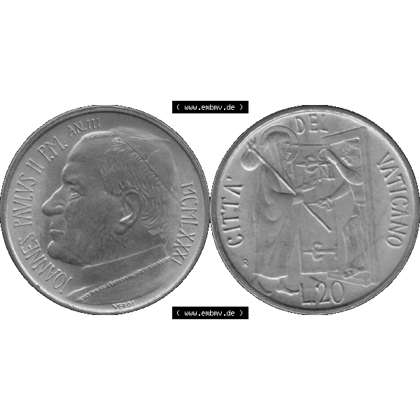 Grau bzw. s/w Alte Münze aus der Vatikanstadt / Vatikan als PNG-Grafik 1981-1981, 20 Lire Papst Johannes Paul II 1981-01. Vorderseite und Rückseite horizontal auf einen digitalen Bild der... Sammlung Graustufen