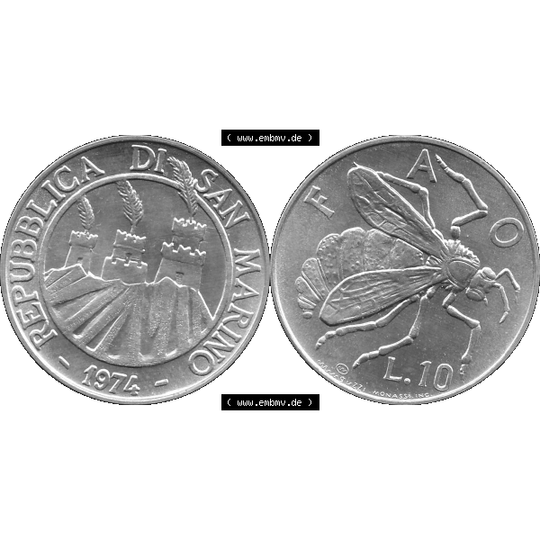 Grau bzw. s/w Bildmaterial Münzensatz / KMS 1974 aus San Marino in Graustufen 1974-1974, 10 Lire, L.10 MINGUZZI MONASSI INC. Graustufen. PNG Computer-Grafik in Graustufen einer... Sammlung Graustufen