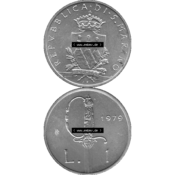 Grau bzw. s/w Bildmaterial Münzensatz / KMS 1979 aus San Marino im PNG-Format 1979-1979, 1 Lira, 1 Lire, J. V. LIBERTAS REPVBBLICA DI S. MARINO, 1979 L.1.... Sammlung Graustufen