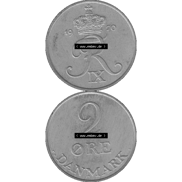 Grau bzw. s/w Alte Münze aus Dänemark als PNG-Grafik 1948-1972, 2 Öre 1970-01. Vorderseite und Rückseite vertikal auf einen digitalen Bild der alten dänischen Umlaufmünze aus... Sammlung Graustufen