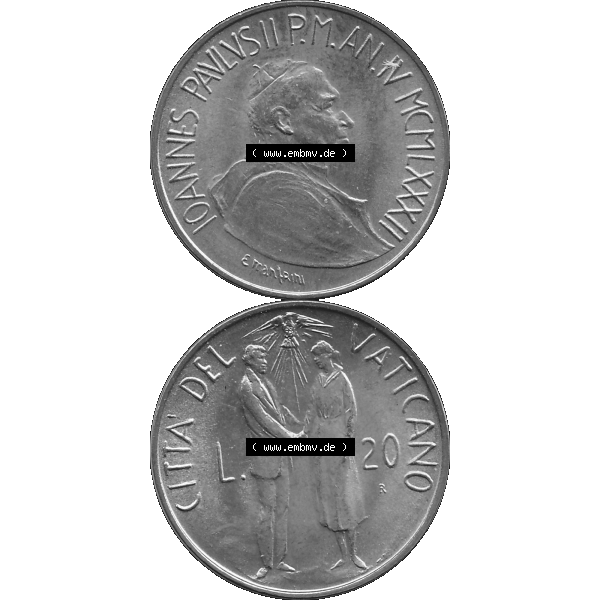 Grau bzw. s/w Alte Münze aus der Vatikanstadt / Vatikan als PNG-Grafik Münze Vatikanstadt 1982-1982, 20 Lire, CITTA DEL VATICANO L.20 R, 1982-01. Vorderseite und Rückseite... Sammlung Graustufen