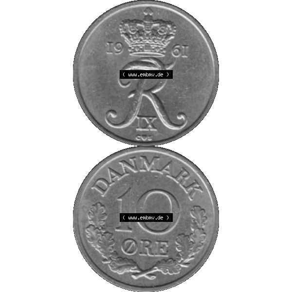 Grau bzw. s/w Alte Münze aus Dänemark als PNG-Grafik 1960-1972, 10 Öre 1961-01. Vorderseite und Rückseite vertikal auf einen digitalen Bild der alten dänischen Umlaufmünze... Sammlung Graustufen