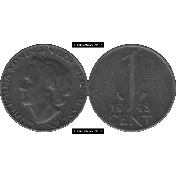 Grau bzw. s/w Alte Münze aus der Niederlande 1926-1950, in PNG digitalisiert 1948-1948, 1 Cent Königin Wilhelmina 1948-02. Vorderseite und Rückseite horizontal auf einen digitalen Bild... Sammlung Graustufen