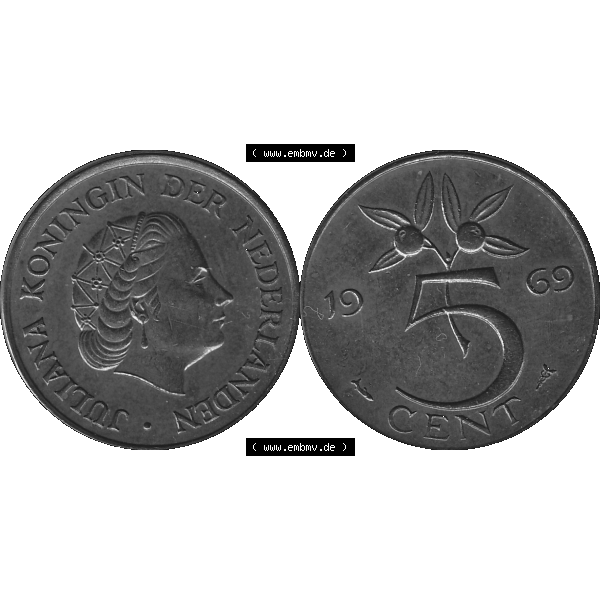 Grau bzw. s/w Alte Münze der Niederlande 1951-1975, in PNG digitalisiert 1950-1980, 5 Cent Königin Juliana 1969-01. Vorderseite und Rückseite horizontal auf einen digitalen Bild der... Sammlung Graustufen