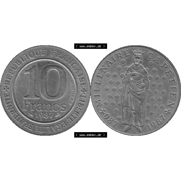 Grau bzw. s/w Münzen Frankreich Umlaufmünze 1987-1987, 10 Francs 1000 Jahre König Hugo Capet erster König von Frankreich 1987-01. Vorderseite und Rückseite horizontal auf einen... Sammlung Graustufen