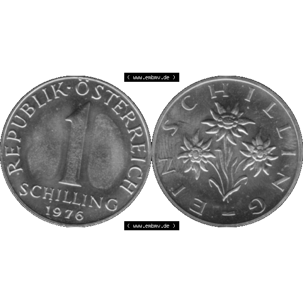Grau bzw. s/w Alte Münze aus Österreich, in PNG digitalisiert 1959-2001, 1 Schilling 1976-01. Vorderseite und Rückseite horizontal auf einen digitalen Bild der alten österreichischen... Sammlung Graustufen