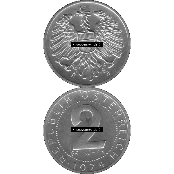 Grau bzw. s/w Alte Münze aus KMS Österreich, Kursmünzensatz 1974 in PP 1950-1994, 2 Groschen 1974-01. Vorderseite und Rückseite vertikal auf einen digitalen Bild der alten österreichischen... Sammlung Graustufen