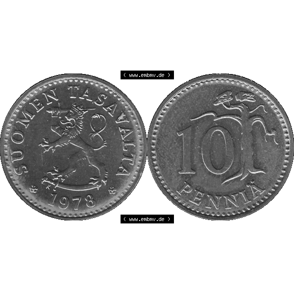 Grau bzw. s/w Alte Münzen KMS Finnland, Kursmünzensatz 1978 in Stempelglanz als digitales Computerbild einer finnischen digitalisierten Münze in transparenten PNG 1963-1982, 10 Penny,... Sammlung Graustufen