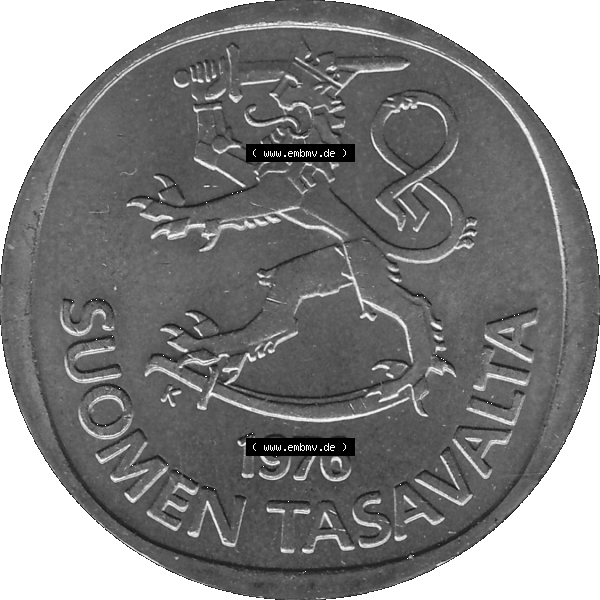 Grau bzw. s/w Alte Münzen KMS Finnland, Kursmünzensatz 1976 in Stempelglanz als digitales Computerbild in transparenten PNG 1969-1993, 1 Finnische Mark, Markka 1976-1, SUOMEN TASAVALTA.... Sammlung Graustufen