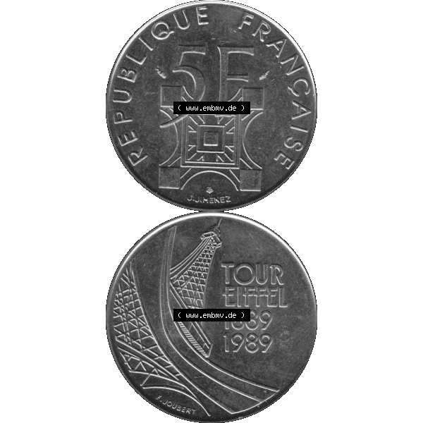 Grau bzw. s/w Münzen Frankreich Umlaufmünze 1989-1989, 5 Francs Franken Eiffelturm 1989-01. Vorderseite und Rückseite vertikal auf einen digitalen Bild der alten französischen Umlaufmünze... Sammlung Graustufen