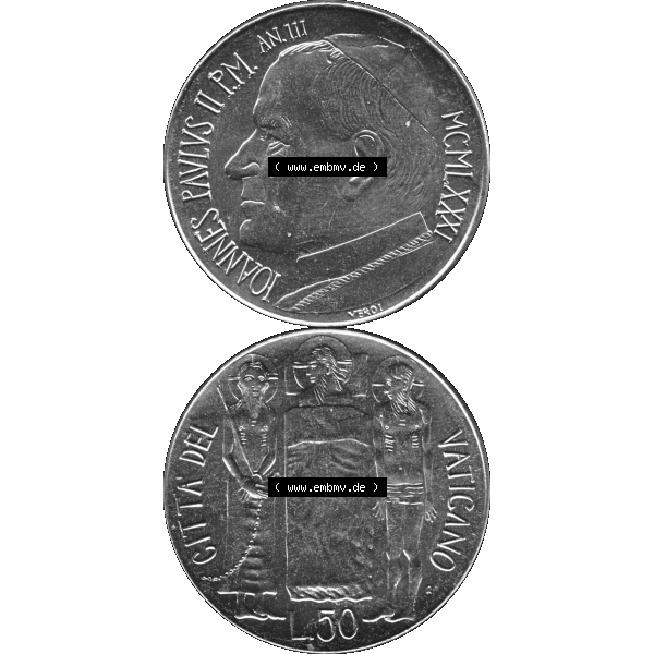 Grau bzw. s/w Alte Münze aus der Vatikanstadt / Vatikan als PNG-Grafik 1981-1981, 50 Lire Papst Johannes Paul II 1981-01. Vorderseite und Rückseite vertikal auf einen digitalen Bild der alten... Sammlung Graustufen