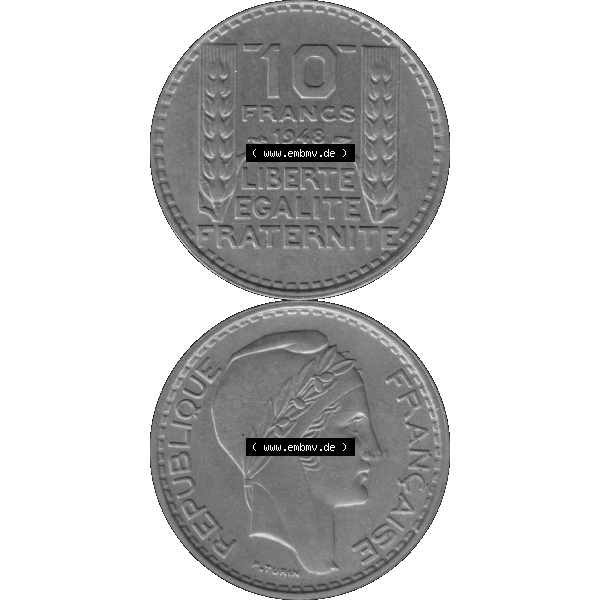 Grau bzw. s/w Münzen Frankreich Umlaufmünze in PNG einer Münze aus Frankreich 1947-1949, 10 Francs, Franken 1948-01. Vorderseite und Rückseite vertikal auf einen digitalen Bild... Sammlung Graustufen