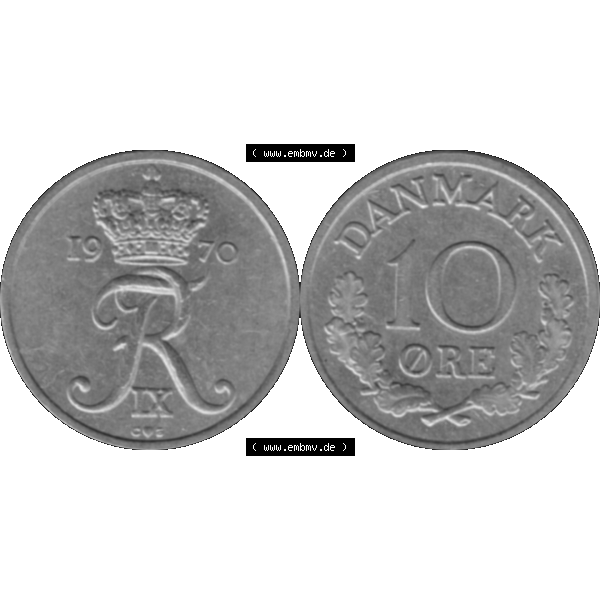 Grau bzw. s/w Alte Münze aus Dänemark als PNG-Grafik 1960-1972, 10 Öre 1970-01. Vorderseite und Rückseite horizontal auf einen digitalen Bild der alten dänischen Umlaufmünze... Sammlung Graustufen