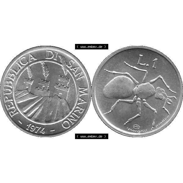 Grau bzw. s/w Bildmaterial Münzensatz / KMS 1974 aus San Marino in Graustufen 1974-1974, 1 Lire, 1 Lira, L.1 MINGUZZI MONASSI INC. Graustufen. PNG Computer-Grafik in Graustufen... Sammlung Graustufen