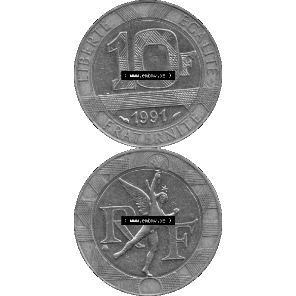Grau bzw. s/w Münzen Frankreich Umlaufmünze 1991-1991, 10 Francs-01 1991-01. Vorderseite und Rückseite vertikal auf einen digitalen Bild der alten französischen Umlaufmünze aus... Sammlung Graustufen