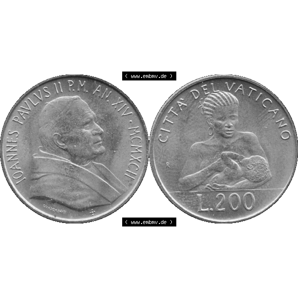 Grau bzw. s/w Alte Münze aus der Vatikanstadt / Vatikan als PNG-Grafik 1992-1992, 200 Lire Papst Giovanni Paolo II. 1992-01. Vorderseite und Rückseite horizontal auf einen digitalen... Sammlung Graustufen
