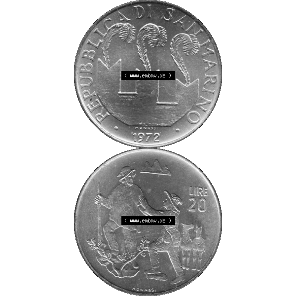 Grau bzw. s/w Bildmaterial Münzensatz / KMS 1972 aus San Marino in Graustufen 1972-1972, 20 Lire, 1972, MONASSI REPUBBLICA DI SAN MARINO Graustufen. PNG Computer-Grafik in Graustufen-PNG... Sammlung Graustufen