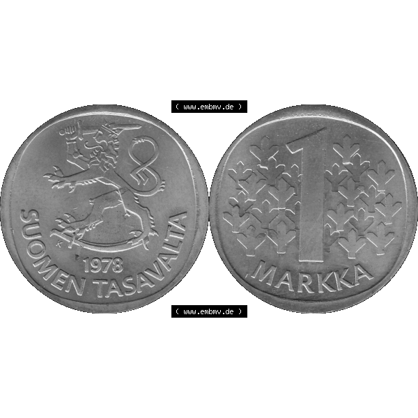 Grau bzw. s/w Alte Münzen KMS Finnland, Kursmünzensatz 1978 in Stempelglanz als digitales Computerbild einer finnischen digitalisierten Münze in transparenten PNG 1969-1993, 1 finnische Mark,... Sammlung Graustufen