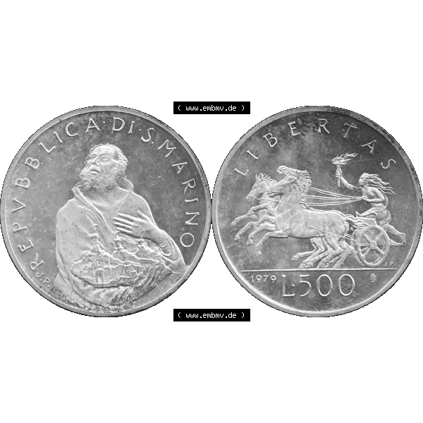 Grau bzw. s/w Bildmaterial Münzensatz / KMS 1979 aus San Marino im PNG-Format 1979-1979, 500 Lire, Silbermünze J.P. REPVBBLICA DI SAN MARINO, 1979 J.P. L.500... Sammlung Graustufen