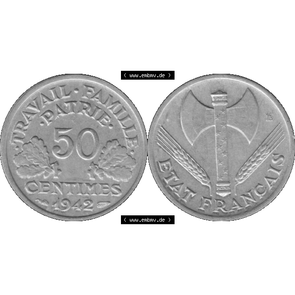 Grau bzw. s/w Münzen Frankreich Umlaufmünze in PNG einer Münze aus Frankreich 1942-1944, 50 Centimes, Cent 1942-01. Vorderseite und Rückseite horizontal auf einen digitalen Bild... Sammlung Graustufen