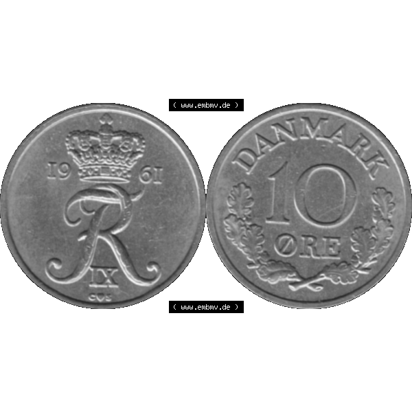 Grau bzw. s/w Alte Münze aus Dänemark als PNG-Grafik 1960-1972, 10 Öre 1961-01. Vorderseite und Rückseite horizontal auf einen digitalen Bild der alten dänischen Umlaufmünze... Sammlung Graustufen