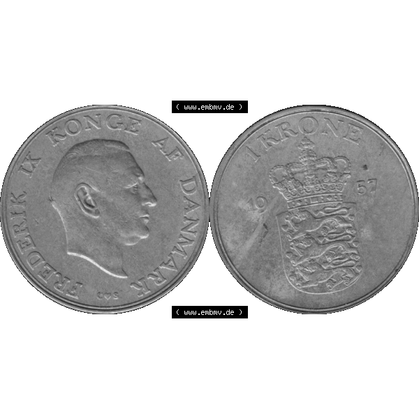 Grau bzw. s/w Alte Münze aus Dänemark als PNG-Grafik 1947-1960, 1 Krone 1957-01 Kursmünze. Vorderseite und Rückseite horizontal auf einen digitalen Bild der alten dänischen Umlaufmünze... Sammlung Graustufen