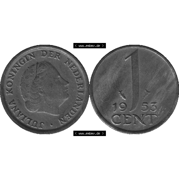 Grau bzw. s/w Alte Münze der Niederlande 1951-1975, in PNG digitalisiert 1950-1980, 1 Cent Königin Juliana 1953-01. Vorderseite und Rückseite horizontal auf einen digitalen Bild der... Sammlung Graustufen