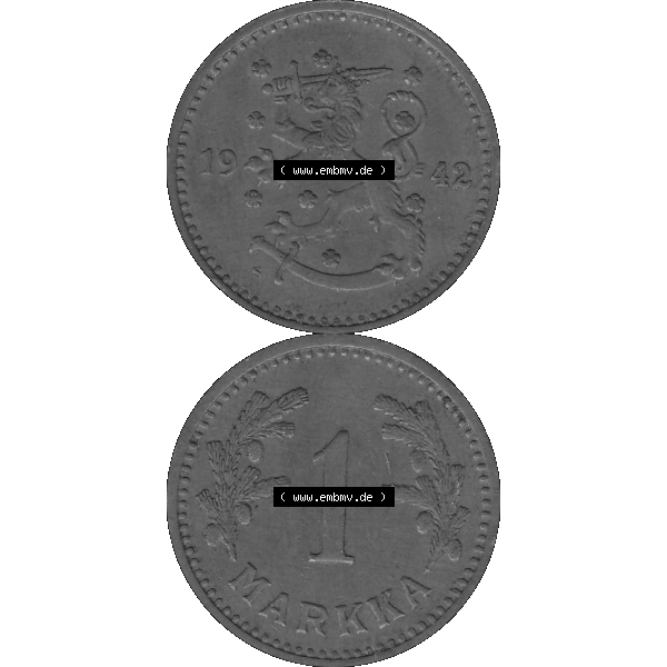 Grau bzw. s/w Alte Münzen KMS Finnland, Kursmünzensatz Finnland in transparenten digitalen PNG-Format 1940-1951, 1 finnische Mark, Markka, Kupfer 1942-1. Die digitalisierte Münze... Sammlung Graustufen