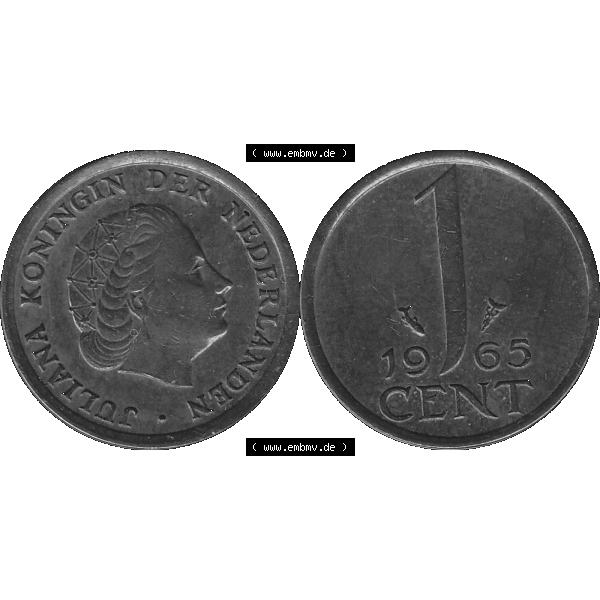 Grau bzw. s/w Alte Münze der Niederlande 1951-1975, in PNG digitalisiert 1950-1980, 1 Cent Königin Juliana 1965-01. Vorderseite und Rückseite horizontal auf einen digitalen Bild der... Sammlung Graustufen