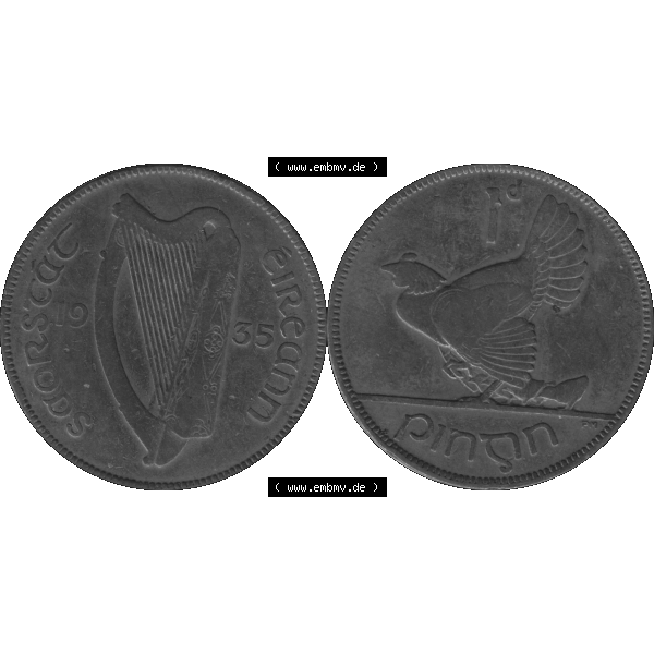 Grau bzw. s/w Bildmaterial einer Münze aus Irland als PNG-Grafik 1928-1937, 1 Penny, Pence 1935-01. Digitalisierte Münze aus Irland als transparente PNG-Grafik zum herunterladen.... Sammlung Graustufen