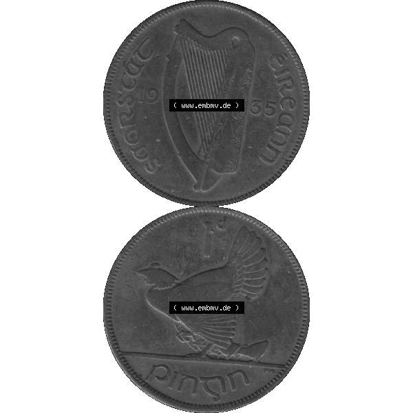 Grau bzw. s/w Bildmaterial einer Münze aus Irland als PNG-Grafik 1928-1937, 1 Penny, Pence 1935-01. Digitalisierte Münze aus Irland als transparente PNG-Grafik zum herunterladen.... Sammlung Graustufen