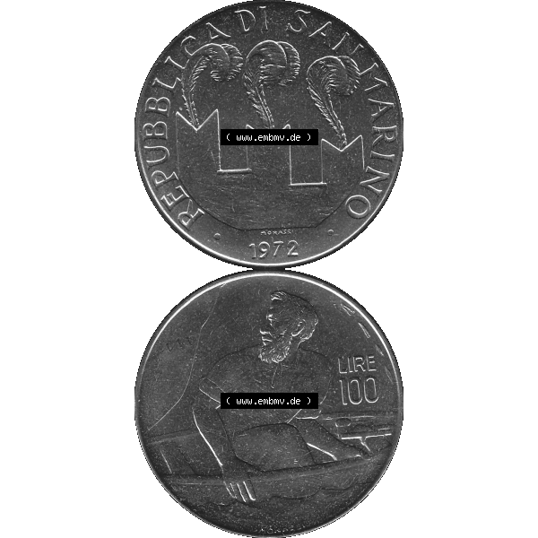 Grau bzw. s/w Bildmaterial in PNG-Grafiken Münzensatz / KMS 1972 aus San Marino 1972-1972, Münze 100 Lire von 1972, 100 LIRE MONASSI REPUBBLICA DI SAN MARINO. Die digitalisierte Münze... Sammlung Graustufen