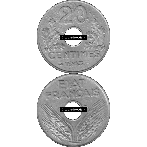 Grau bzw. s/w Münzen Frankreich Umlaufmünze in PNG einer Münze aus Frankreich 1941-1944, 20 Centimes, Cent 1943-01. Vorderseite und Rückseite vertikal auf einen digitalen Bild... Sammlung Graustufen