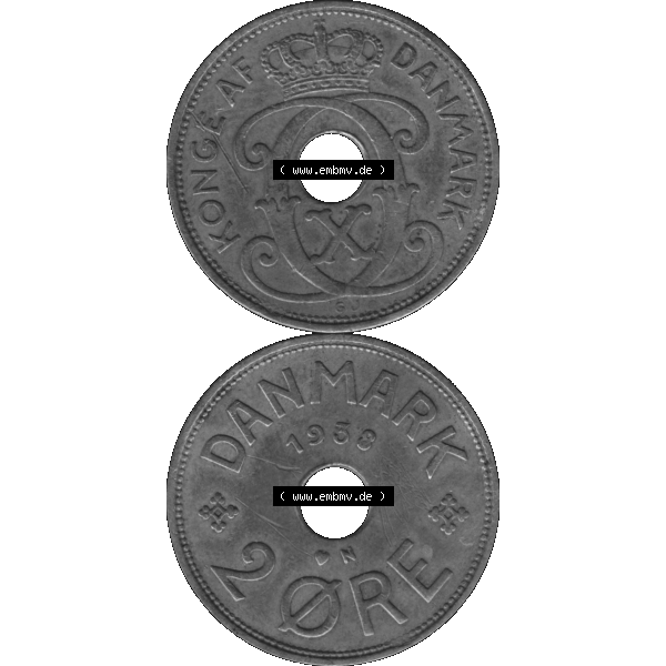 Grau bzw. s/w Alte Münze aus Dänemark als PNG-Grafik 1926-1940, 2 Öre 1938-01 Kursmünze. Vorderseite und Rückseite vertikal auf einen digitalen Bild der alten dänischen Umlaufmünze... Sammlung Graustufen
