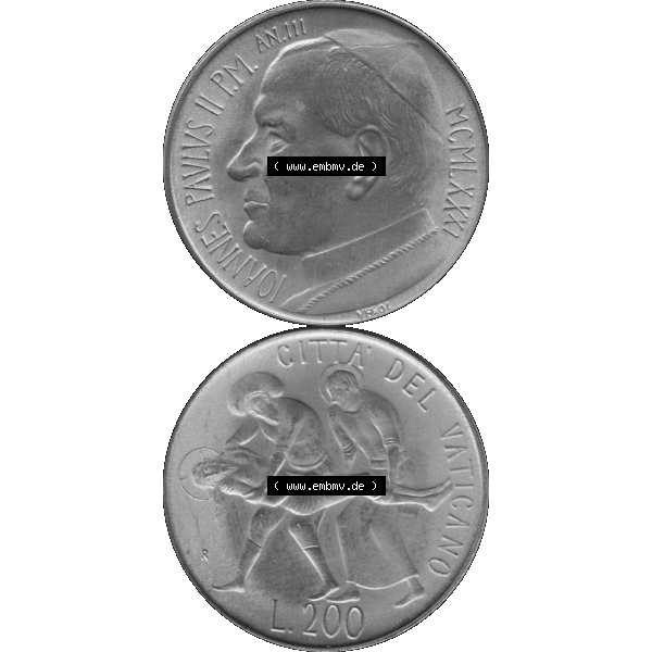 Grau bzw. s/w Alte Münze aus der Vatikanstadt / Vatikan als PNG-Grafik 1981-1981, 200 Lire Papst Johannes Paul II 1981-01. Vorderseite und Rückseite vertikal auf einen digitalen Bild der alten... Sammlung Graustufen