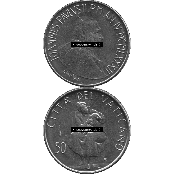 Grau bzw. s/w Alte Münze aus der Vatikanstadt / Vatikan als PNG-Grafik Münze Vatikanstadt 1982-1982, 50 Lire 1982-01 E. MANFRINI IOANNES PAVLVS II P M. Vorderseite und Rückseite... Sammlung Graustufen