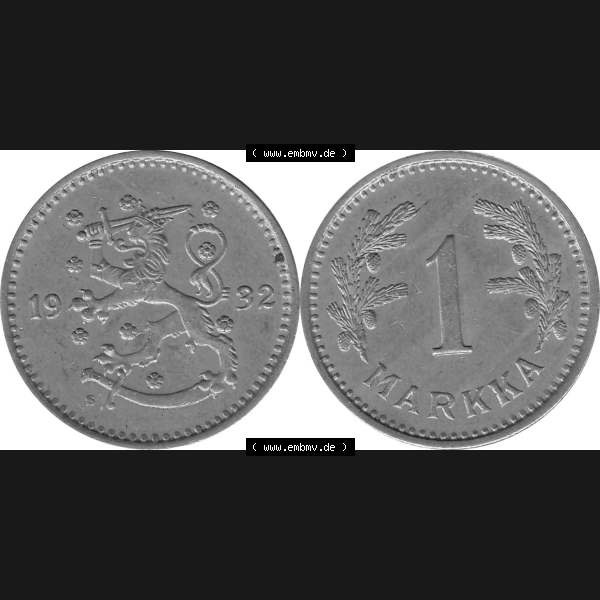 Grau bzw. s/w Alte Münzen KMS Finnland, Kursmünzensatz Pro-Version als JPG-Bild einer finnischen Münze Design 1928-1940, 1 finnische Mark, Markka 1932 (7). Etwas bessere... Sammlung Graustufen