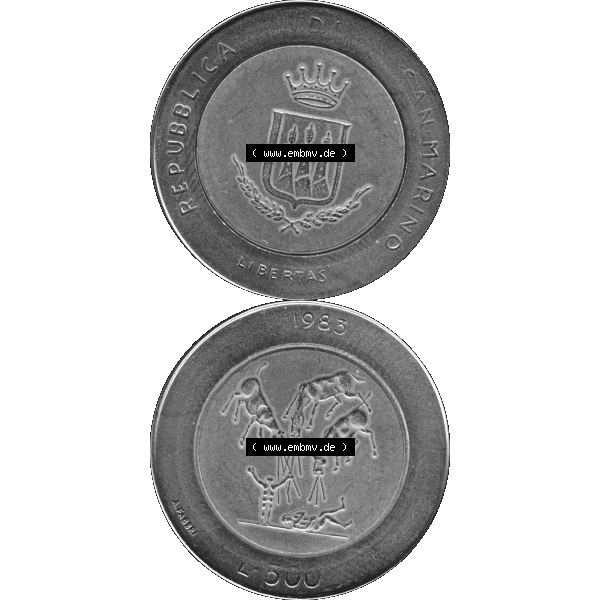 Grau bzw. s/w Gedenkmünzen aus San Marino, in PNG 1983-1983, 500 Lire Bedrohung durch einen Atomkrieg 1983-01. Vorderseite und Rückseite vertikal auf einen digitalen Bild der alten Gedenkmünze... Sammlung Graustufen