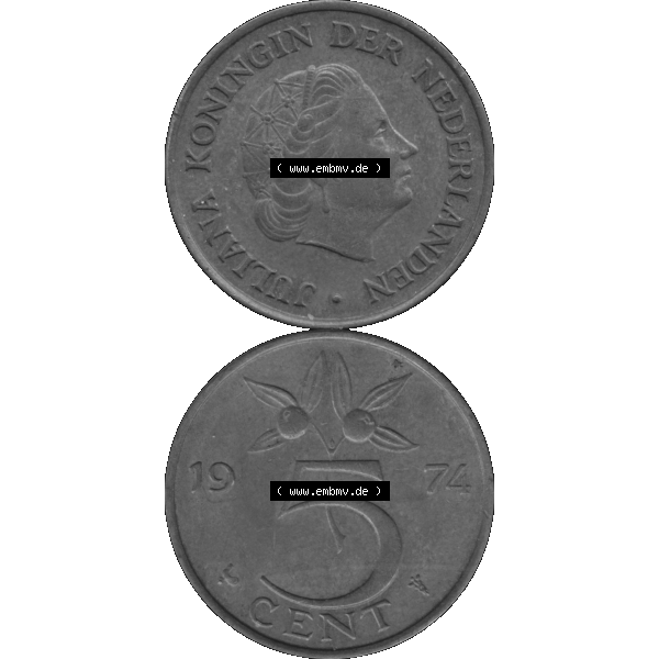 Grau bzw. s/w Alte Münze der Niederlande 1951-1975, in PNG digitalisiert 1950-1980, 5 Cent Königin Juliana 1974-01. Vorderseite und Rückseite vertikal auf einen digitalen Bild der alten... Sammlung Graustufen