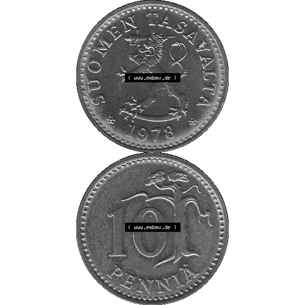 Grau bzw. s/w Alte Münzen KMS Finnland, Kursmünzensatz 1978 in Stempelglanz als digitales Computerbild einer finnischen digitalisierten Münze in transparenten PNG 1963-1982, 10 Penny,... Sammlung Graustufen