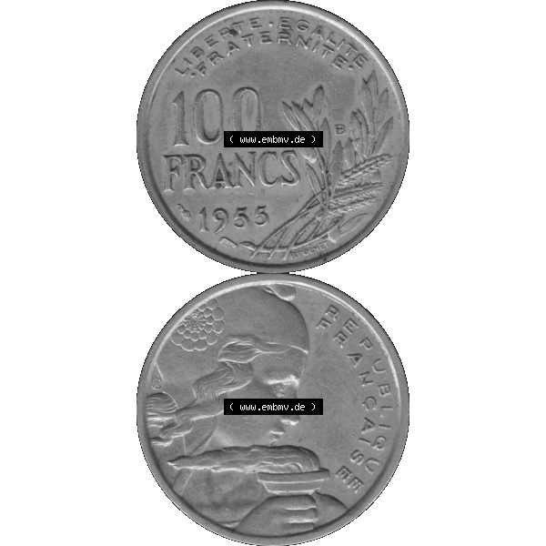 Grau bzw. s/w Münzen Frankreich Umlaufmünze 1954-1958; 100 Francs, Franken Typ I. 1955-01. Vorderseite und Rückseite vertikal auf einen digitalen Bild der alten französischen... Sammlung Graustufen