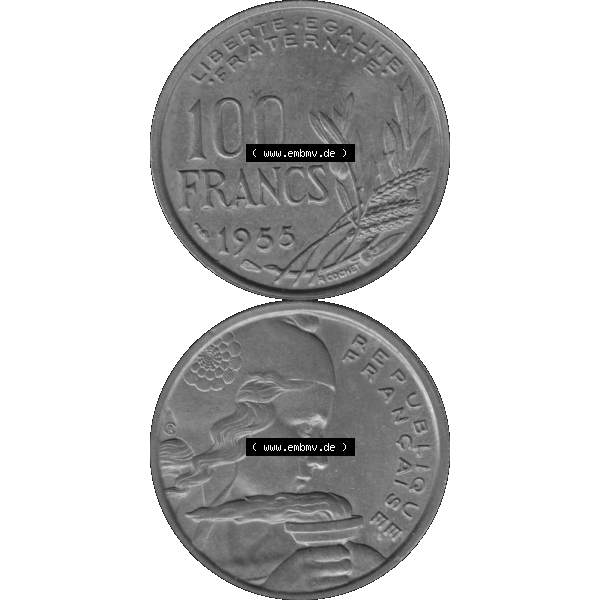 Grau bzw. s/w Münzen Frankreich Umlaufmünze 1954-1958, 100 Francs, Franken Typ II 1955-01. Vorderseite und Rückseite vertikal auf einen digitalen Bild der alten französischen Umlaufmünze... Sammlung Graustufen