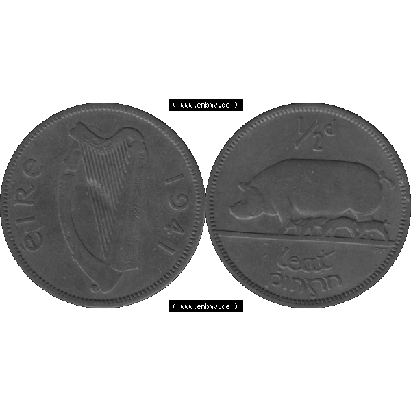 Grau bzw. s/w Bildmaterial einer Münze aus Irland als PNG-Grafik 1939-1967, 0.50 Penny, Half Penny 1941-01. Digitalisierte Münze aus Irland als transparente PNG-Grafik zum herunterladen.... Sammlung Graustufen