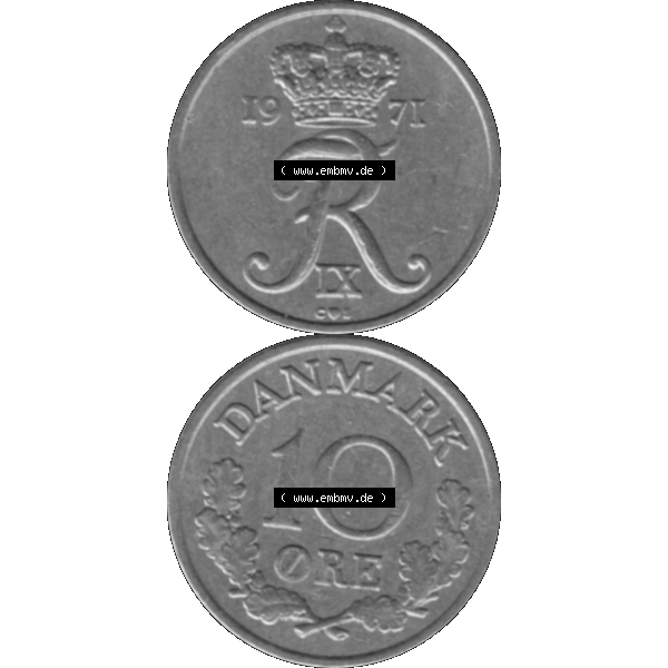 Grau bzw. s/w Alte Münze aus Dänemark als PNG-Grafik 1960-1972, 10 Öre 1971-02. Vorderseite und Rückseite vertikal auf einen digitalen Bild der alten dänischen Umlaufmünze... Sammlung Graustufen